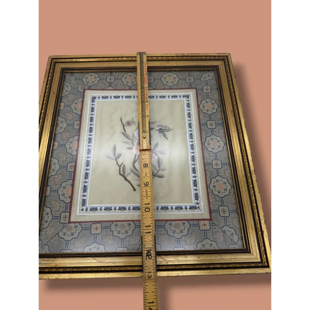 Vintage Asian Silk Embroidery Framed Floral Butterfly Art Chinoiserie Decor
